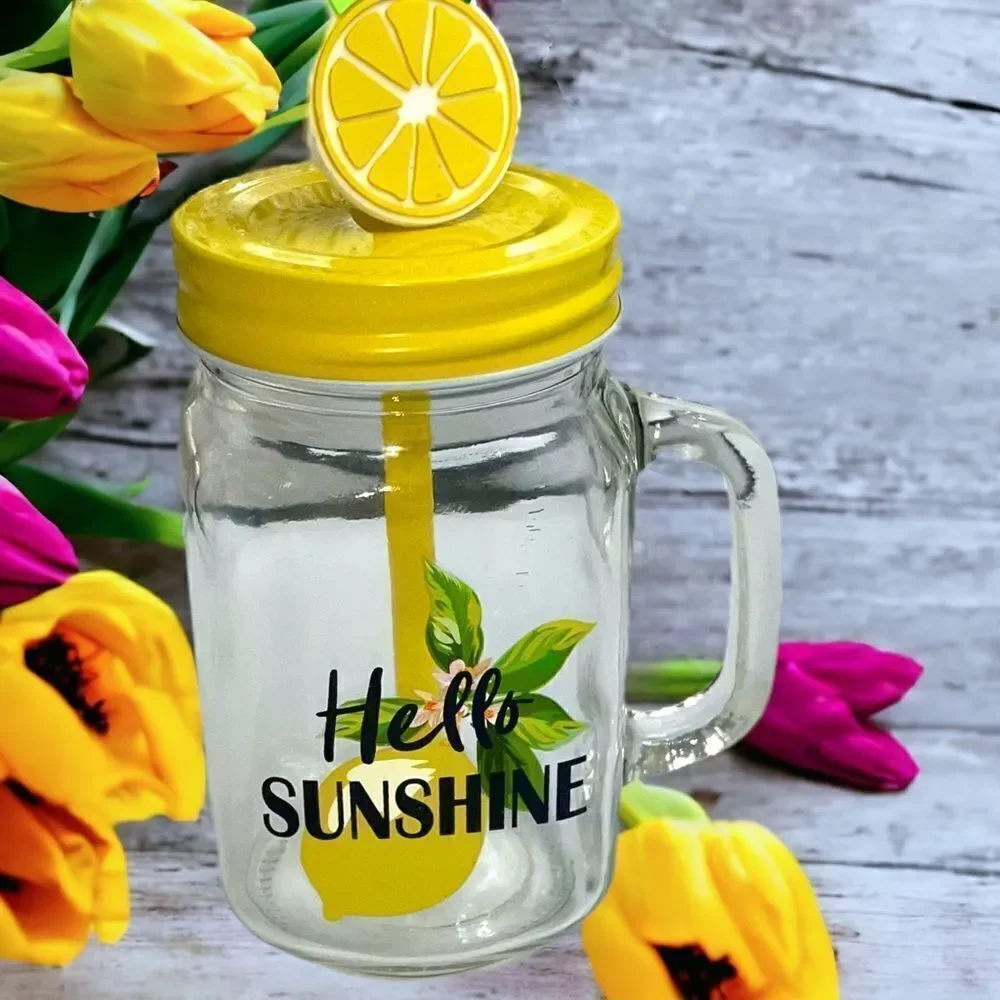 Hello Sunshine l 16 oz. l Mason Jar l w/ Decorative Lemon Straw l New
